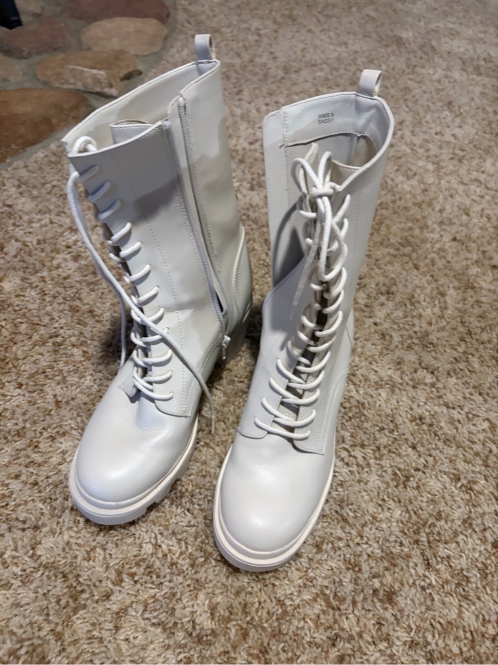 Buckle White Lace-Up Combat Boots for Women